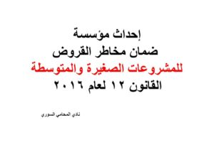 إحداث مؤسسة ضمان مخاطر القروض للمشروعات الصغيرة والمتوسطة القانون 12 لعام 2016