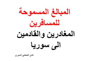 المبالغ المسموح للمسافر المغادر والقادم الى سوريا ادخالها أو اخراجها + pdf